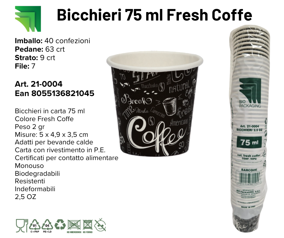 Bicchieri in carta 75 ml 2,5 oz fresh coffee