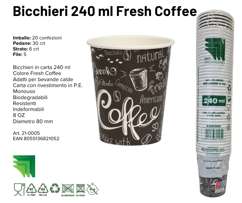 Bicchieri carta 240ml fresh coffe conf. 50 pz